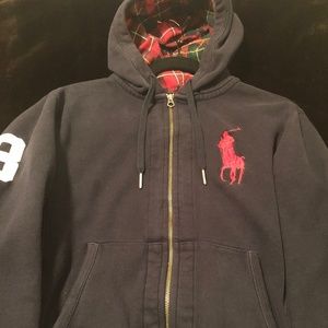 POLO Ralph Lauren Black Hoodie w Red Plaid & Pony